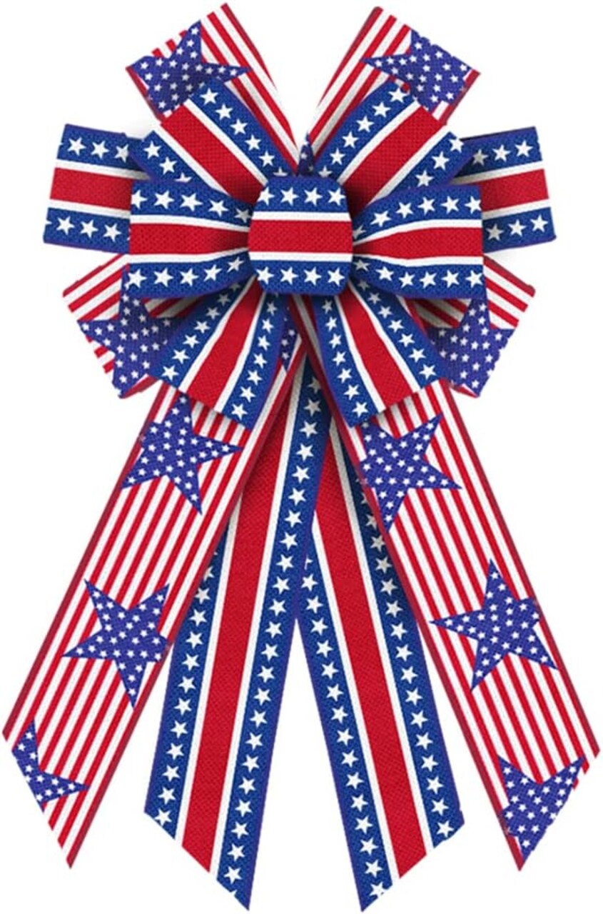 Large Patriotic Wreath Bow – Red, White & Blue Stripes Burlap Bow for Front Door, Memorial Day & 4th of July Tree Topper, Indoor/Outdoor American Flag Holiday Decoration
